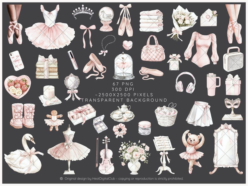 May include: A set of 67 watercolor illustrations featuring ballet-themed images, including ballerinas, swans, ballet shoes, flowers, and other related items. The illustrations are in pink, white, and gray tones and have a transparent background.
