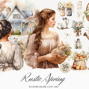 Clipart printemps rustique aquarelle, graphiques clipart printemps Cottagecore, fleurs sauvages, fleurs, saisonnier, fille aquarelle, autocollants numériques