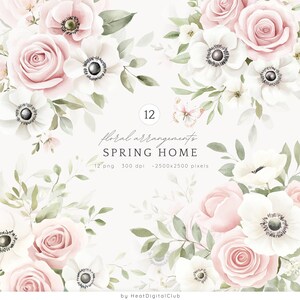 Aquarell Frühling Haus Blumenarrangements ClipArt, sanfte Frühlingsblumen PNG, Frühlingsstrauß, frische Blumen, digitaler Download
