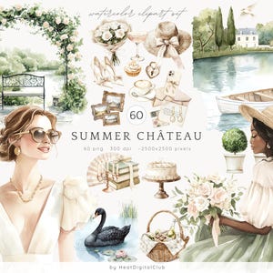 Aquarelle château d'été Clipart, élégant pays Français Clip Art, ensemble de cliparts d'été, jardin romantique Français PNG Clipart, téléchargement numérique