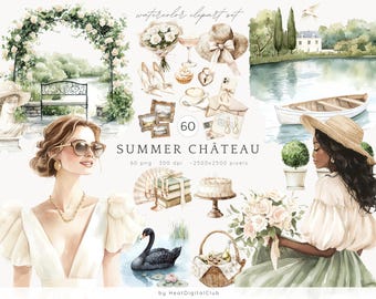 Watercolor Summer Château Clipart, Elegant French Country Clip Art, Summer Clipart Set, Romantic French Garden PNG Clipart, Digital Download