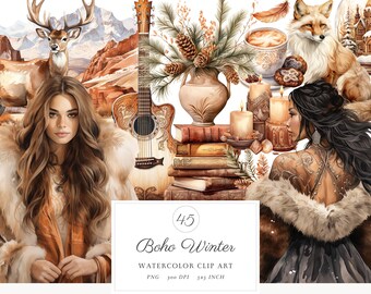 Imágenes prediseñadas de vida bohemia de invierno con acuarela, imágenes prediseñadas PNG de Cottagecore, vida en la cabaña, paquete de vida boho shabby chic étnico boho, vida vintage