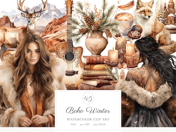 Watercolor Winter Clipart, Boho Cottagecore PNG Bundle (Digital Download)