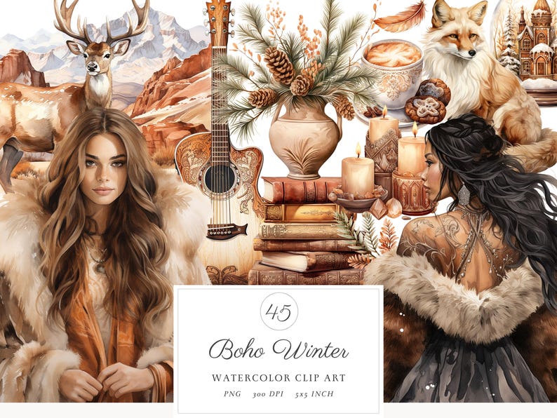 May include: A set of 45 watercolor illustrations featuring a bohemian winter theme. The illustrations include a woman with long brown hair, a fox, a guitar, candles, books, and a cup of coffee. The illustrations are perfect for creating digital or printed designs.