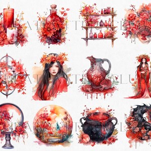 May include: A digital collage of ten watercolor illustrations featuring red and black floral designs, a woman in a red dress, a cauldron, a bottle, a mirror, a jug, a fan, a shelf with bottles, and a dragon.