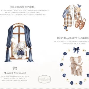 May include: Watercolor illustrations featuring a bunny in a window, a plaid jacket with accessories, and two elephants in a floral wreath. The artwork includes text: "100% Original Artwork" and "Clean Transparent Background".