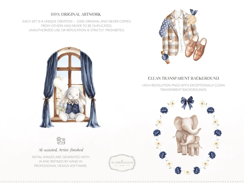 May include: Watercolor illustrations featuring a bunny in a window, a plaid jacket with accessories, and two elephants in a floral wreath. The artwork includes text: "100% Original Artwork" and "Clean Transparent Background".