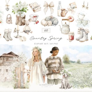 May include: Watercolor clipart set titled "Country Spring" featuring various illustrations. Includes a house, two women, a lamb, a dog, and other elements like flowers, a teapot, and a mouse. The set contains 60 PNG images.