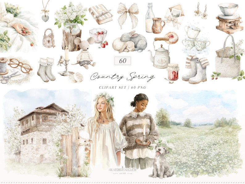 May include: Watercolor clipart set titled "Country Spring" featuring various illustrations. Includes a house, two women, a lamb, a dog, and other elements like flowers, a teapot, and a mouse. The set contains 60 PNG images.