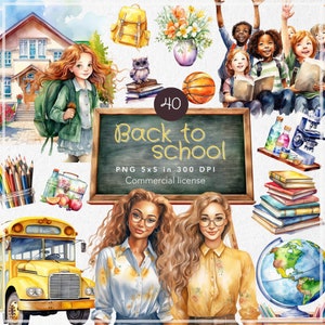 40 Aquarell Schule Clipart, Zurück zu Schule Clipart, Schule Clipart PNG, Tafel Schulbus, Aquarell Clip Art Digitale kommerzielle Nutzung