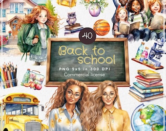 40 Watercolor School Clipart, Back to School Clipart, School Clipart PNG, Chalkboard School Bus, Watercolour Clip Art Digital Commercial Use