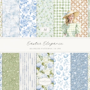 Könnte beinhalten: Eine Sammlung von 14 nahtlosen Mustern mit Ostermotiv. Die Muster zeigen florale Designs, Marmortexturen und Vichy in Blau-, Grün- und Weißtönen. Die Wörter "Easter Elegance" und "Seamless Patterns" sind zu sehen.