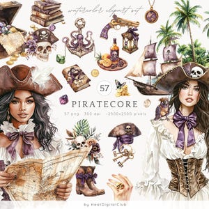 Clipart acquerello Piratecore, bundle PNG pirati, clipart nautico, clipart Cottagecore, immagini marine, ragazze pirata, download digitale