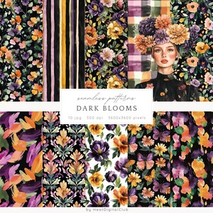 Puede incluir: Un conjunto de 10 patrones digitales sin costuras que presentan diseños florales oscuros con flores moradas, amarillas y naranjas sobre un fondo negro. Los patrones son de 3600 x 3600 píxeles y 300 ppp.