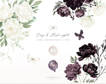 Watercolor Day & Midnight Floral Arrangements Clipart, Ivory and Dark Peony Watercolor Flowers PNG, Gothic Romantic Florals, Digital