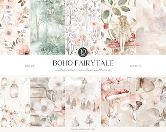 Watercolor Boho Fairytale Seamless Patterns, Pastel Floral JPEG, Forest, Neutral, Mushrooms, Digital Repeating pattern, Scrapbook Paper