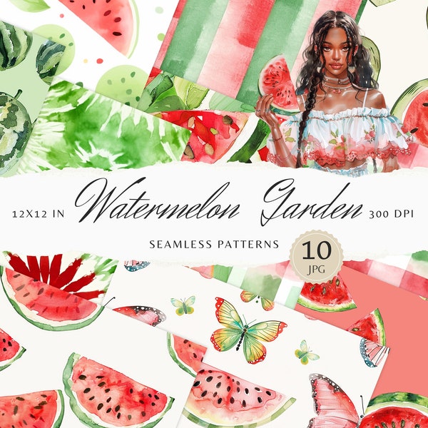 Watercolor Watermelon Garden Seamless Patterns,Fruit Pattern JPEG, Butterflies Digital Download, Repeating pattern, Scrapbook Paper