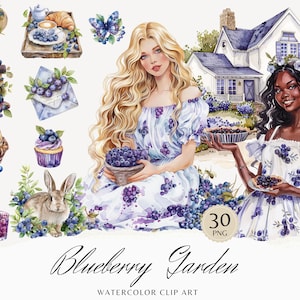 Bundle de cliparts jardin myrtille aquarelle, clipart baies, graphiques d'été, fleurs de printemps, saisonnier, fille aquarelle, autocollants numériques