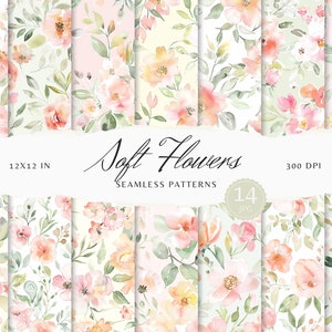 Modèles sans couture aquarelle fleurs douces, JPEG floral pastel, papier de scrapbooking botanique imprimable, motif répétitif en téléchargement numérique
