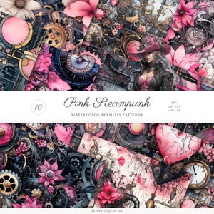 10 Seamless Watercolor Pink Steampunk  Patterns, Floral JPEG, Gears Digital Download,  Repeating Pattern,Digital Papers, Scrapbook Paper