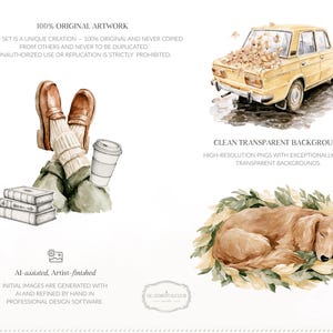 May include: Watercolor illustration featuring a yellow vintage car covered in leaves, a sleeping dog nestled in foliage, and a person's legs with books and a coffee cup. The artwork is labeled as 100% original.