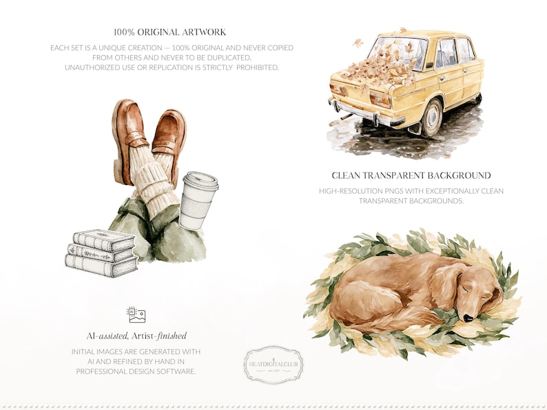 May include: Watercolor illustration featuring a yellow vintage car covered in leaves, a sleeping dog nestled in foliage, and a person's legs with books and a coffee cup. The artwork is labeled as 100% original.