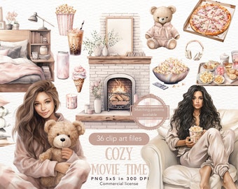 水彩画の居心地の良い映画の時間のクリップアート バンドル、ロマンチックなコテージコア クリップアート PNG バンドル、ホーム パジャマ パーティー、商用利用、田舎暮らし