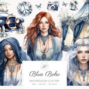 Aquarel Blue Boho Life-illustraties, Cottagecore Clipart PNG, Cottage Living, Boho Life Graphics Etnische Boho Chic Bundel, Vintage Living