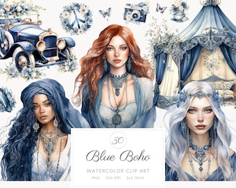 Clip art de acuarela azul estilo boho, clipart PNG estilo cottagecore, vida en la cabaña, paquete de gráficos estilo boho chic étnico, vida vintage