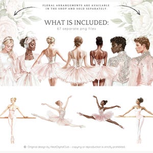 May include: A digital illustration of 67 watercolor ballet dancers in various poses. The dancers are wearing tutus and are in different shades of pink. The illustration includes a quote: "WHAT IS INCLUDED: 67 separate png files."