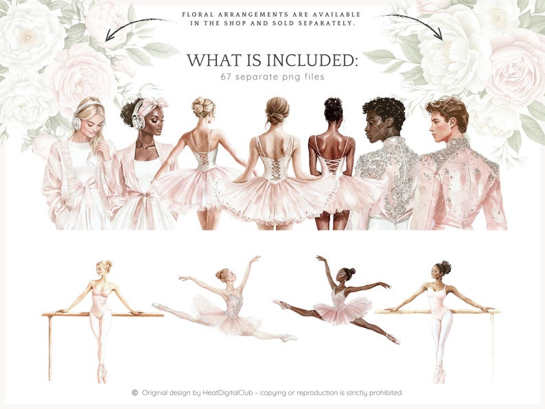 May include: A digital illustration of 67 watercolor ballet dancers in various poses. The dancers are wearing tutus and are in different shades of pink. The illustration includes a quote: "WHAT IS INCLUDED: 67 separate png files."