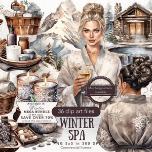 Watercolor Cozy Winter Spa Clipart Bundle, Romantic Winter Cottagecore Clip Art PNG, Self Care,  Relaxation,  Retreat Me Time Commercial Use