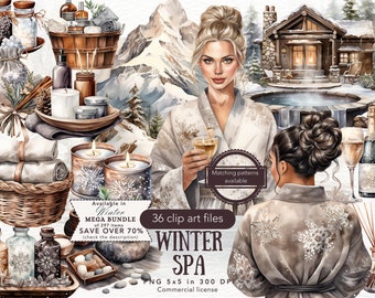 Watercolor Cozy Winter Spa Clipart Bundle, Romantic Winter Cottagecore Clip Art PNG, Self Care,  Relaxation,  Retreat Me Time Commercial Use