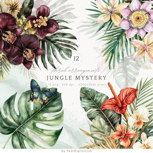 Watercolor Jungle Mystery Floral Arrangements ClipArt, Tropical Flower Clip Art, digital bouquets PNG, Exotic flowers, Digital Download
