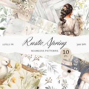 Puede incluir: Un conjunto de 10 patrones digitales sin costuras con ilustraciones de acuarela de elementos rústicos de primavera. Los patrones incluyen un pato en un nido, flores, hojas y linternas. Los patrones son de 12x12 pulgadas y 300 DPI.