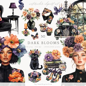 Clipart di fiori scuri ad acquerello, Clip art di romanticismo oscuro, PNG floreale, Clipart gotico, Cottagecore, Adesivi per download digitale, Uso commerciale