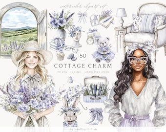 Watercolor Cottage Charm Clipart, Cottagecore Clip Art, Rustic ClipArt, Planner Stickers, Spring PNG, Digital Download, Commercial Use