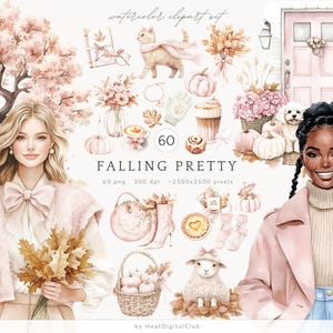 Set di clipart autunnali ad acquerello, Caduta carina, PNG autunnale, Zucche rosa, Ragazza autunnale accogliente, Estetica autunnale delicata, Adesivi digitali Coquette