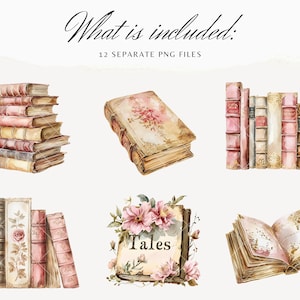May include: A set of 12 vintage-style watercolor illustrations of books. The illustrations include stacks of books, single books, and open books with floral details. The text "Tales" is featured on one of the books.