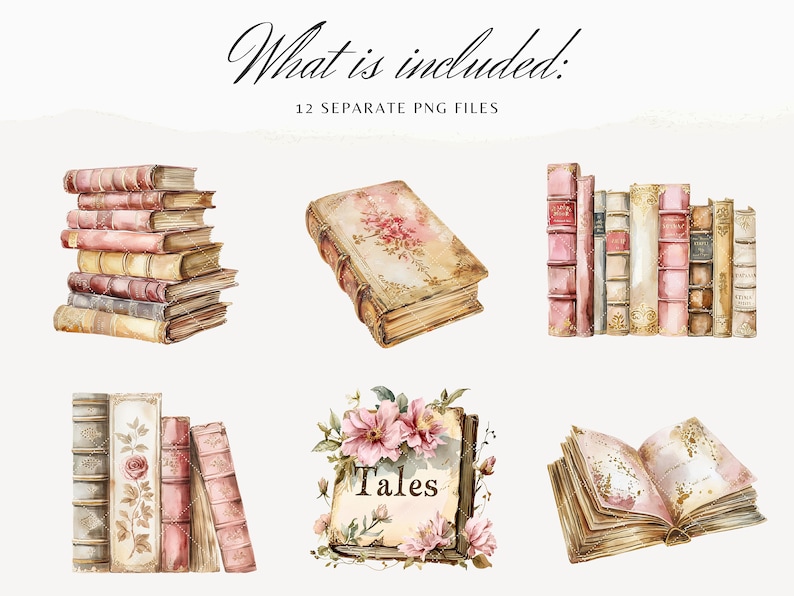 May include: A set of 12 vintage-style watercolor illustrations of books. The illustrations include stacks of books, single books, and open books with floral details. The text "Tales" is featured on one of the books.