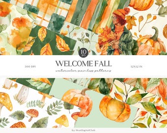 Watercolor Fall Seamless Pattern Set, Autumn Leaves, Plaid (Digital Download)