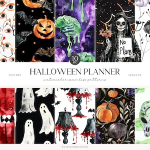 May include: A set of 10 digital watercolor Halloween seamless patterns. The patterns feature various Halloween themes, including spooky eyes, bats, pumpkins, ghosts, brains, and a skeleton holding a sign that says "No Plans".