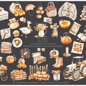 May include: Watercolor illustration featuring a collection of autumn-themed objects. Pumpkins, a goose, a mouse, a tractor, and a variety of other items are depicted in warm, earthy tones. The image includes text that reads "60 PNG, 300 DPI, -2500X2500 PIXELS, TRANSPARENT BACKGROUND."