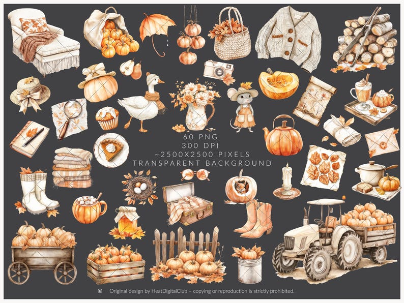 May include: Watercolor illustration featuring a collection of autumn-themed objects. Pumpkins, a goose, a mouse, a tractor, and a variety of other items are depicted in warm, earthy tones. The image includes text that reads "60 PNG, 300 DPI, -2500X2500 PIXELS, TRANSPARENT BACKGROUND."