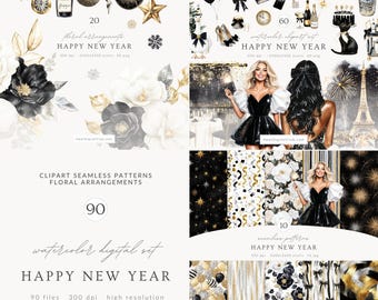 Watercolor Happy New Year Clipart, Black Gold Silver Party PNG, Party Balloons Champagne Disco Ball Dress Heels, Holiday Digital Download