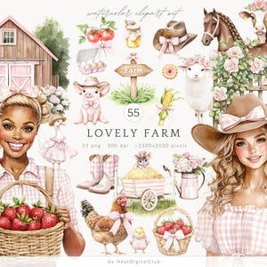 Conjunto de clipart de fazenda adorável em aquarela, garota da fazenda coquete PNG, clipart de vaca, porco, ganso, frango, morango, rosa, país, download digital