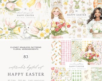 May include: A watercolor digital set of 83 files for Easter featuring floral arrangements, seamless patterns, and clipart. The set includes 12 floral arrangements, 61 clipart images, and 10 seamless patterns. The images are high resolution and 300 dpi.