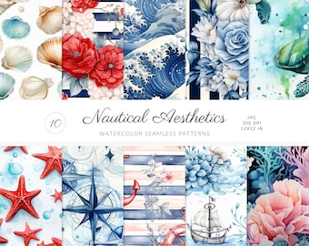 May include: Set of 10 digital watercolor seamless patterns with nautical themes. The patterns feature seashells, starfish, anchors, compass roses, waves, flowers, and coral. The patterns are in shades of blue, red, white, and pink. JPG, 300 DPI, 12x12 inches.