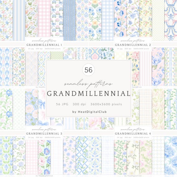 Watercolor Grandmillennial Seamless Patterns, Pastel Floral JPEG, Stripes, Plaid, Glitter, Digital Repeating pattern, Scrapbook Paper