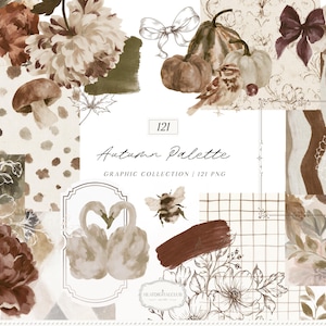 May include: A digital graphic collection titled 121 Autumn Palette featuring watercolor illustrations of brown and cream flowers, pumpkins, a bird, a bee, two swans, mushrooms, bows, and abstract brush strokes on a white background.